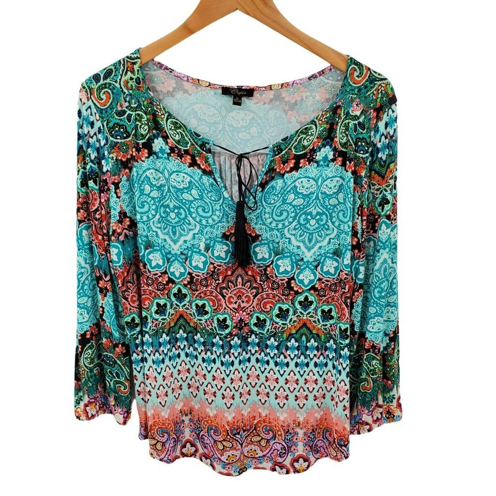 Cupio Womens Floral Blouse Top Size M Long Sleeve High-Low V-Neck Boho Bohemian‎